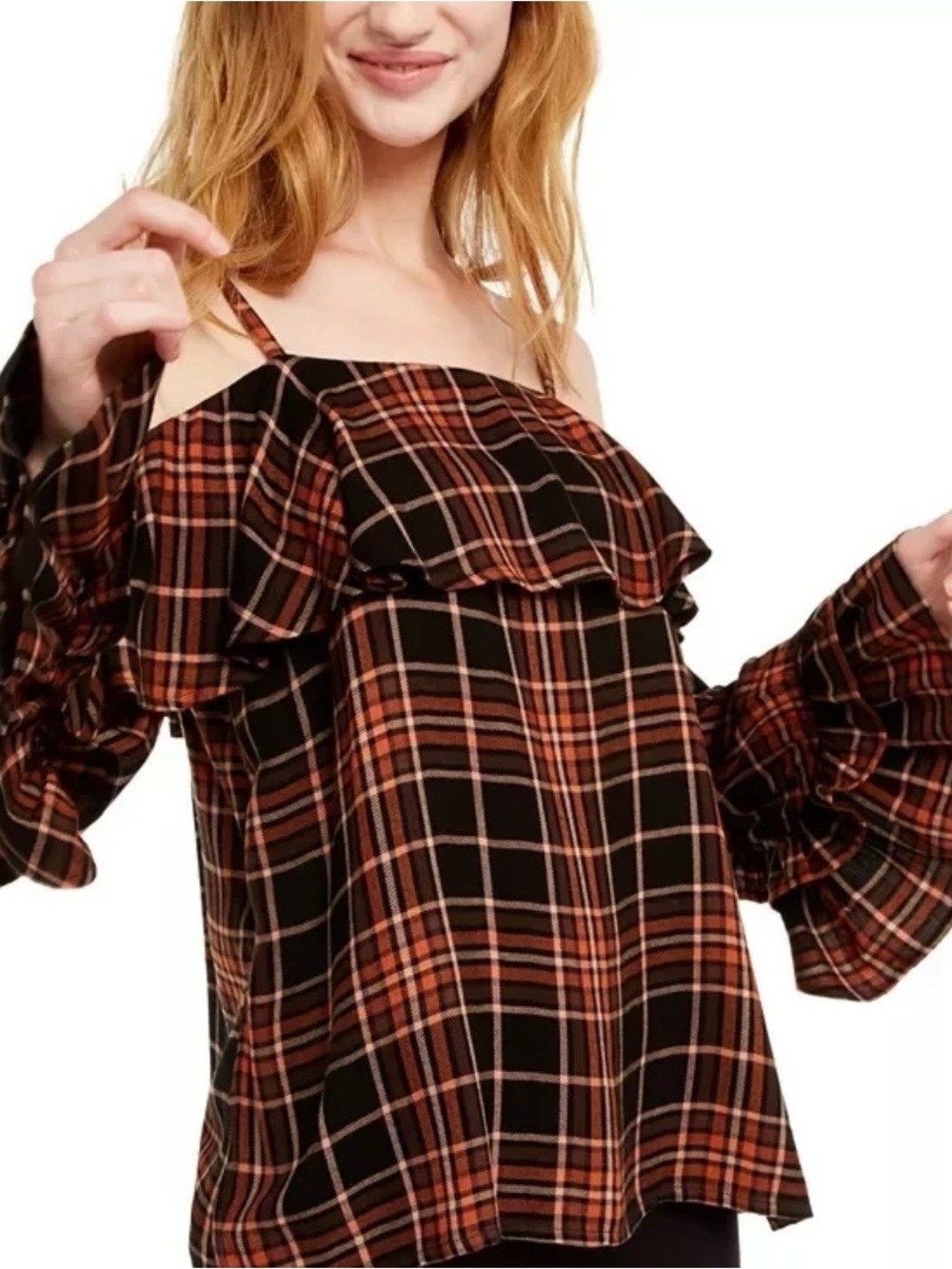 INC International Concepts Black and Rust Plaid Off-Shoulder Ruffle Blouse